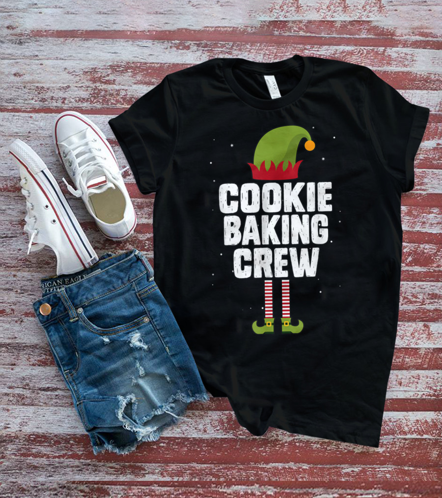 Cookie Baking Crew Christmas Elf Hat And Striped Stockings T-Shirt