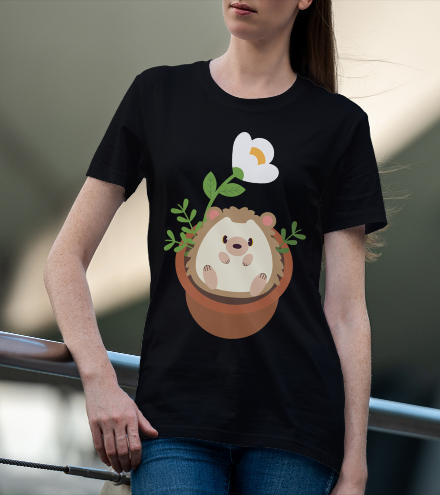 Cute Hedgehog Sitting In Flowering Plant Pot T-Shirt