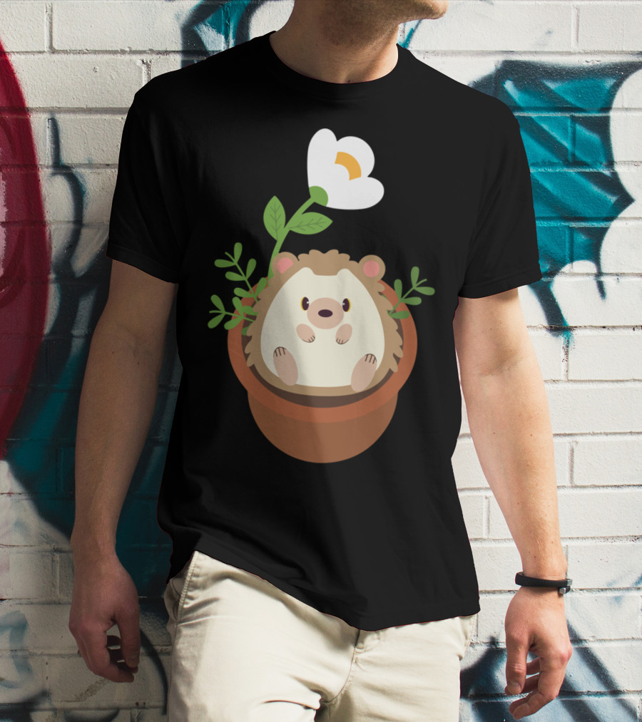 Cute Hedgehog Sitting In Flowering Plant Pot T-Shirt