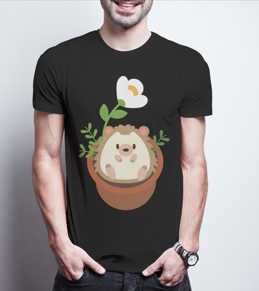 Cute Hedgehog Sitting In Flowering Plant Pot T-Shirt