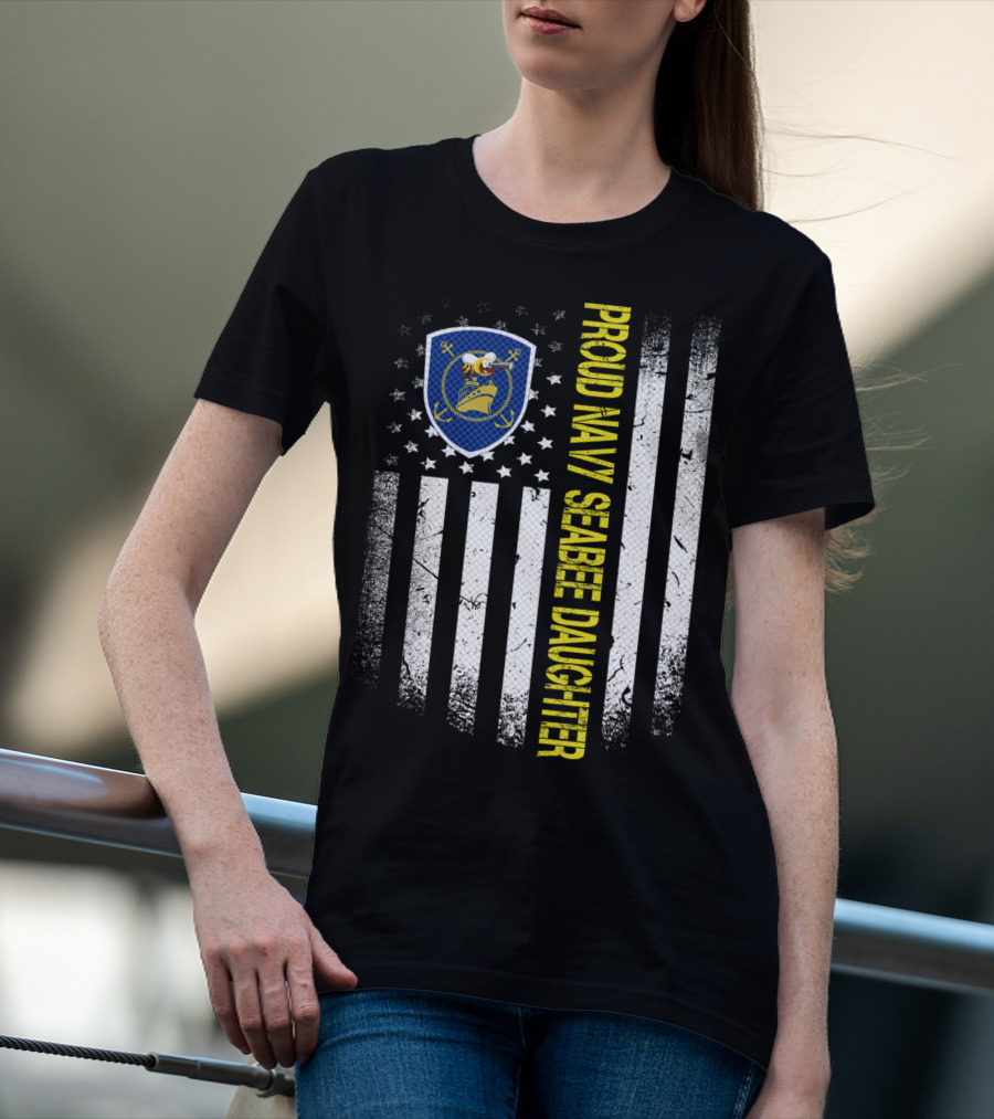 Proud Navy Seabee Daughter Black And White American Flag With Seabee Emblem T-Shirt