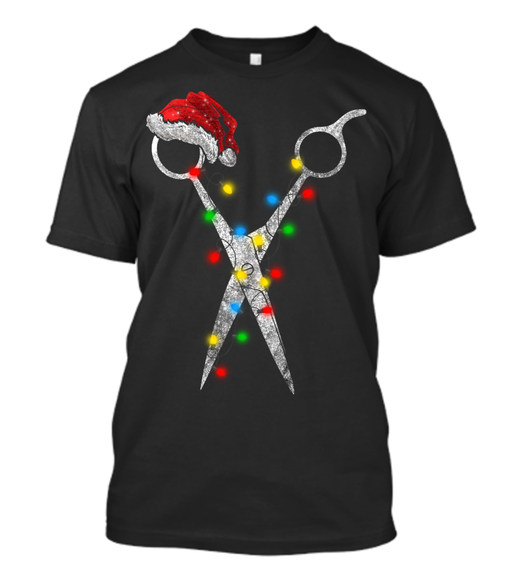 Funny Christmas Scissor Hairstylist Santa Hat Lights T-Shirt