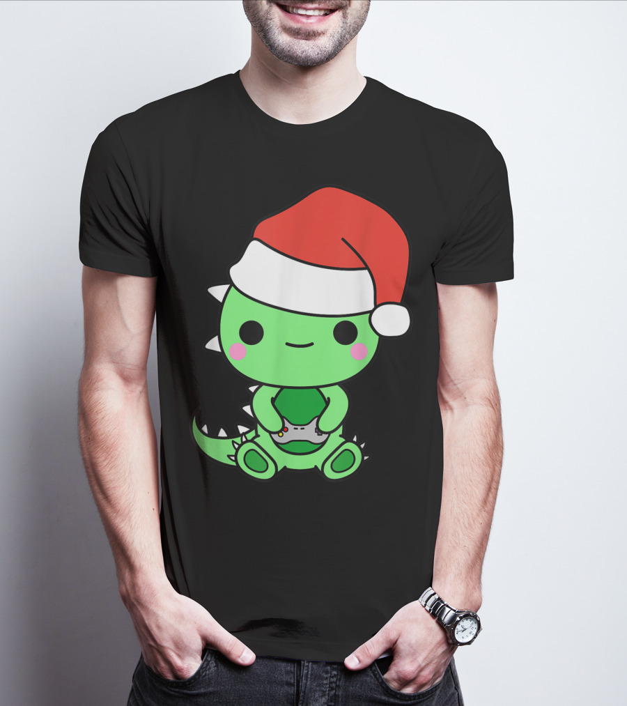 Christmas Gaming Dinosaur Santa Gamer Nerd T-Shirt