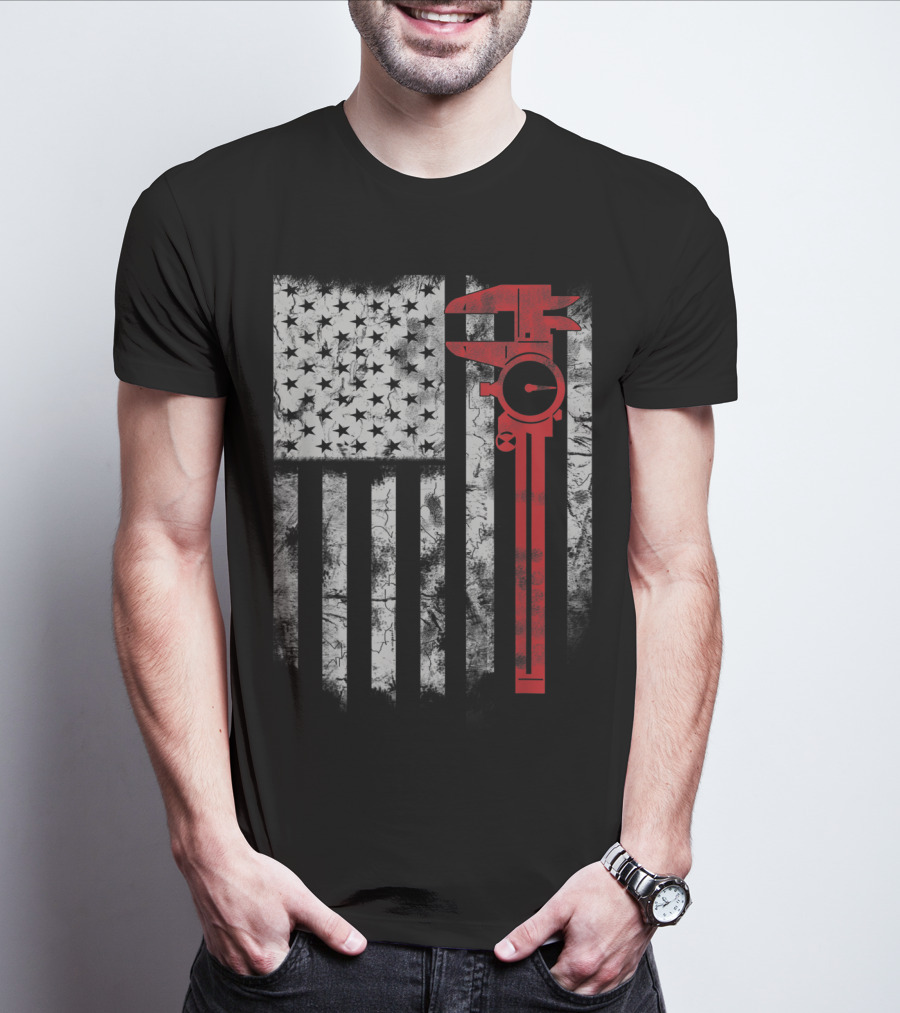 American Flag With Red Caliper For CNC Machinists T-Shirt