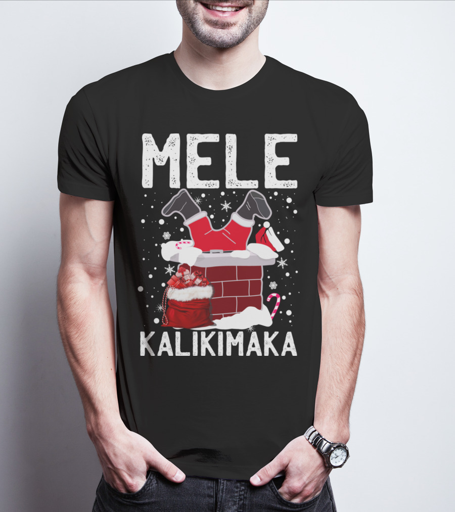 Mele Kalikimaka Santa In Chimney With Gifts Candy Cane Snowflakes Hawaiian Christmas T-Shirt