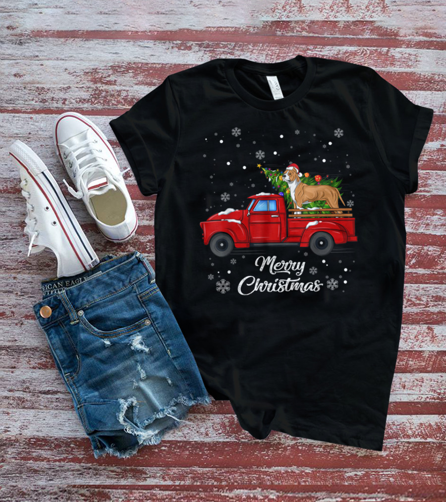 Merry Christmas Pitbull In Red Truck With Christmas Tree And Snowflakes T-Shirt