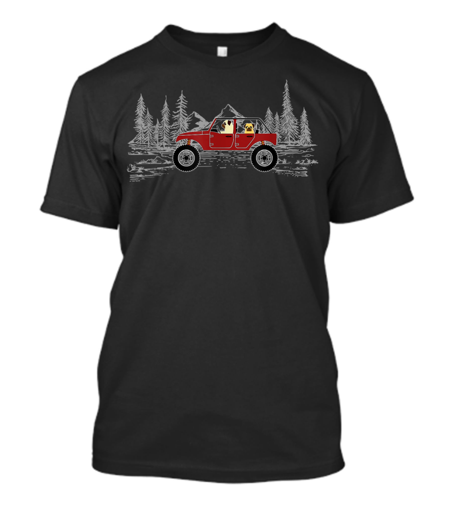 Pugs In A Truck Off-Road Adventure With Funny Pug Dog In Forest Scene T-Shirt