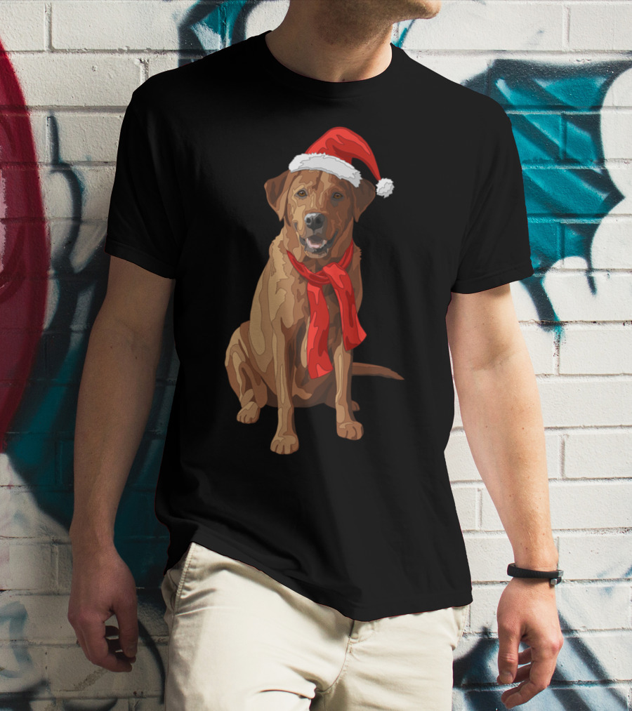 Red Labrador Retriever Dog With Christmas Santa Hat And Scarf T-Shirt