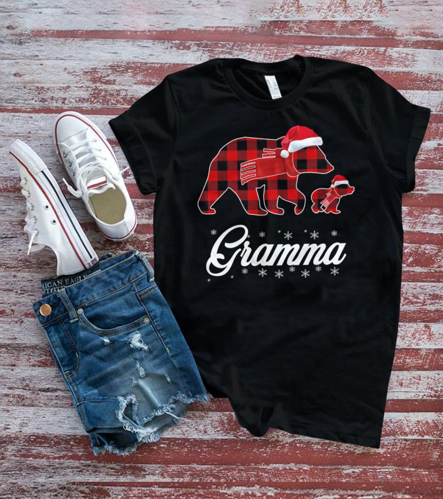 Gramma Bear Red Plaid Buffalo Check Santa Hat Snowflakes T-Shirt
