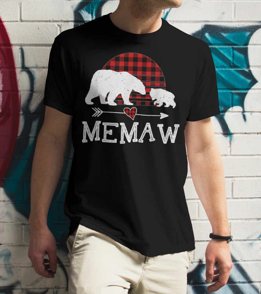 Memaw Bear With Red Plaid Buffalo Check And Heart Arrow T-Shirt