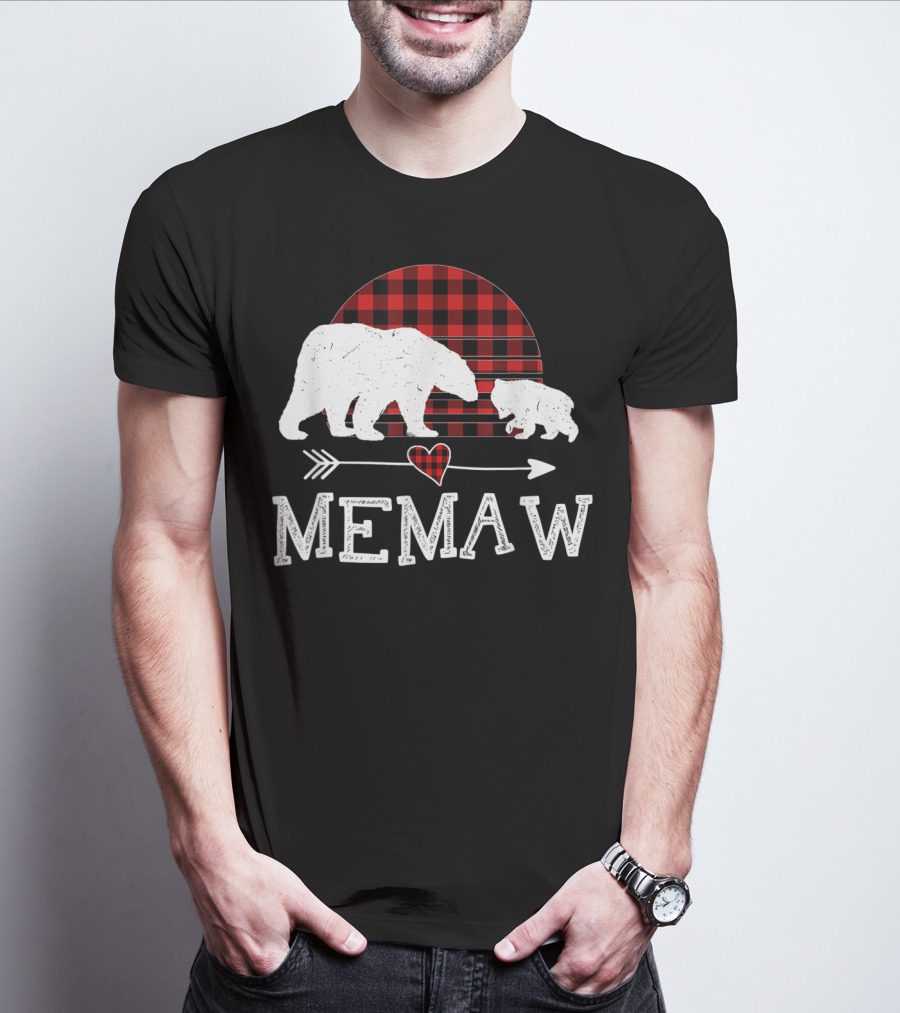 Memaw Bear With Red Plaid Buffalo Check And Heart Arrow T-Shirt