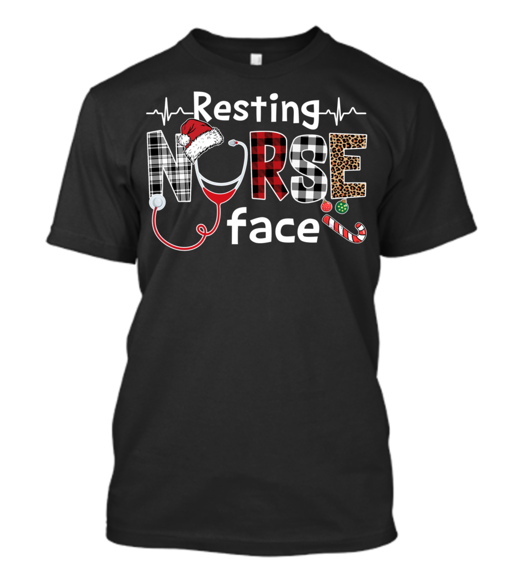 Resting Nurse Face Christmas Plaid Stethoscope Candy Cane Santa Hat Leopard T-Shirt