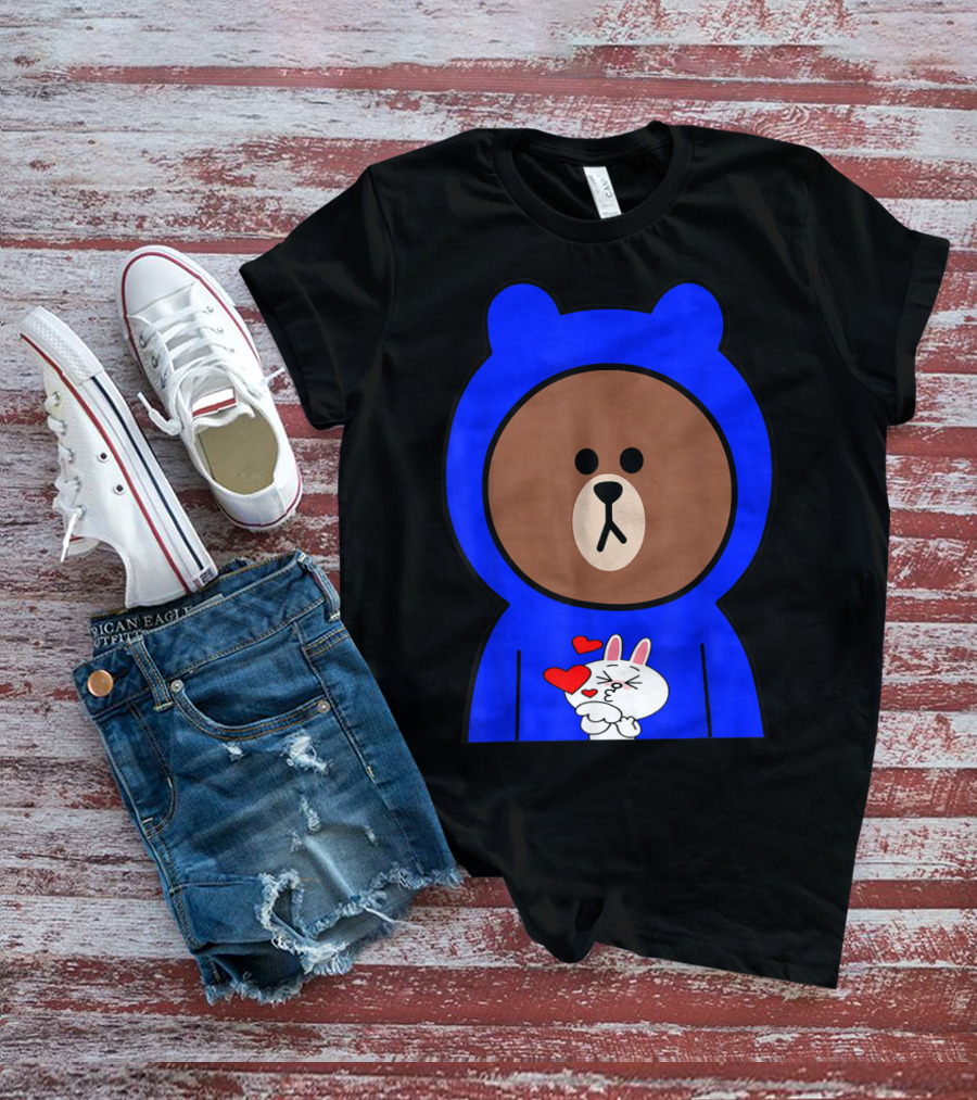 Brown Bear In Blue Hoodie With Cony Bunny Love Hearts T-Shirt