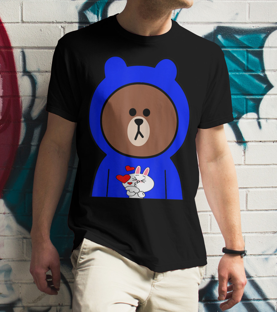 Brown Bear In Blue Hoodie With Cony Bunny Love Hearts T-Shirt
