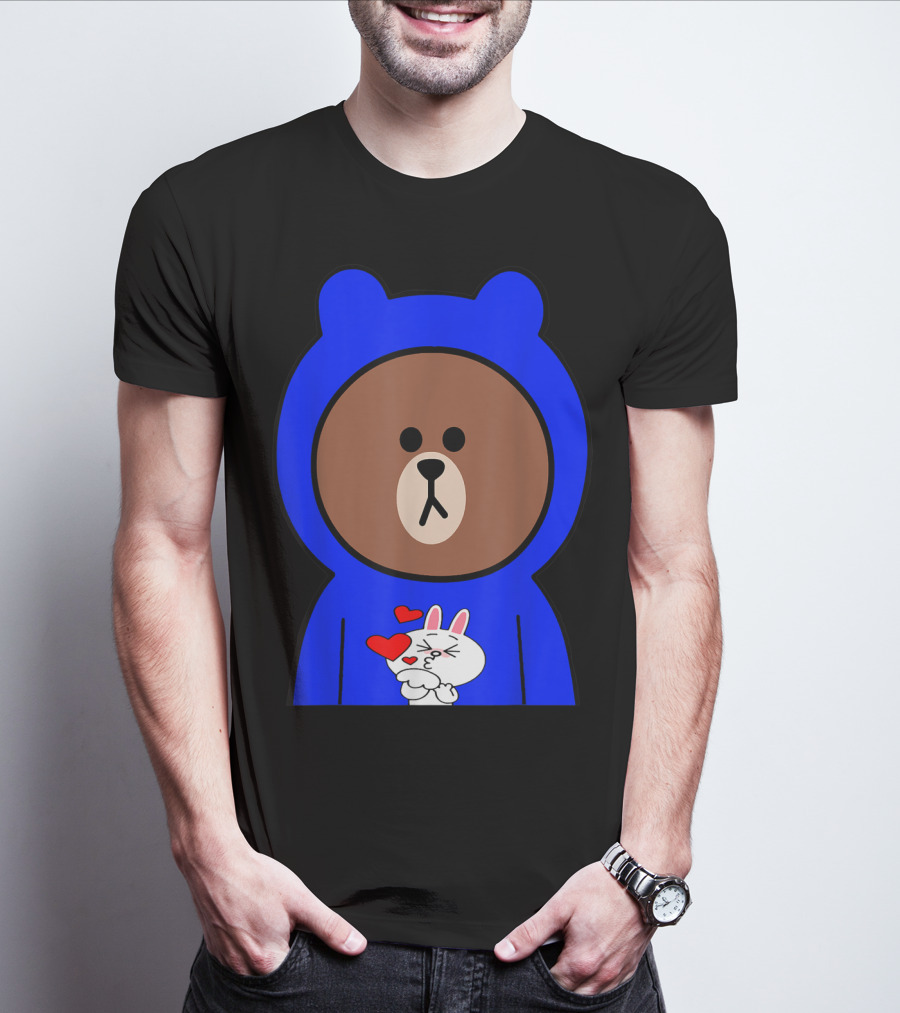 Brown Bear In Blue Hoodie With Cony Bunny Love Hearts T-Shirt