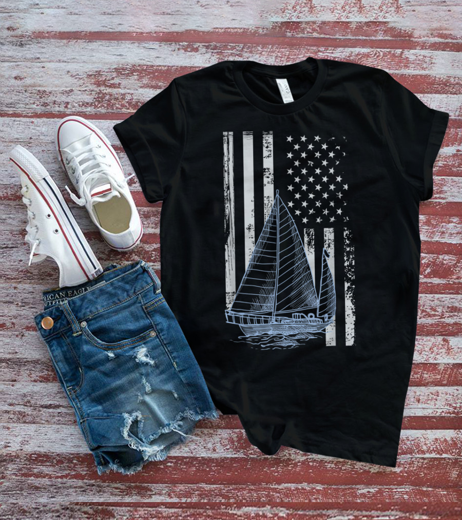 Fun Vintage Sailboat With American Flag Elements T-Shirt