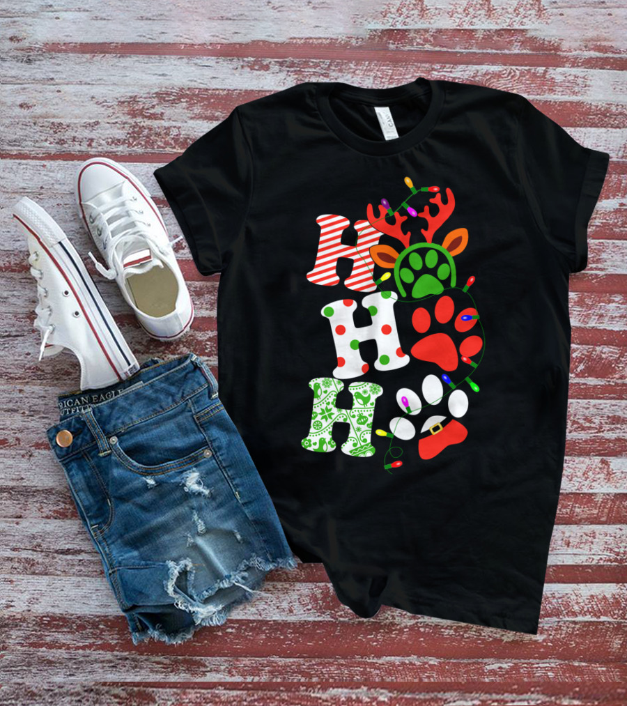 Ho Ho Ho Christmas Dog Paw Santa Lights Reindeer Antlers T-Shirt