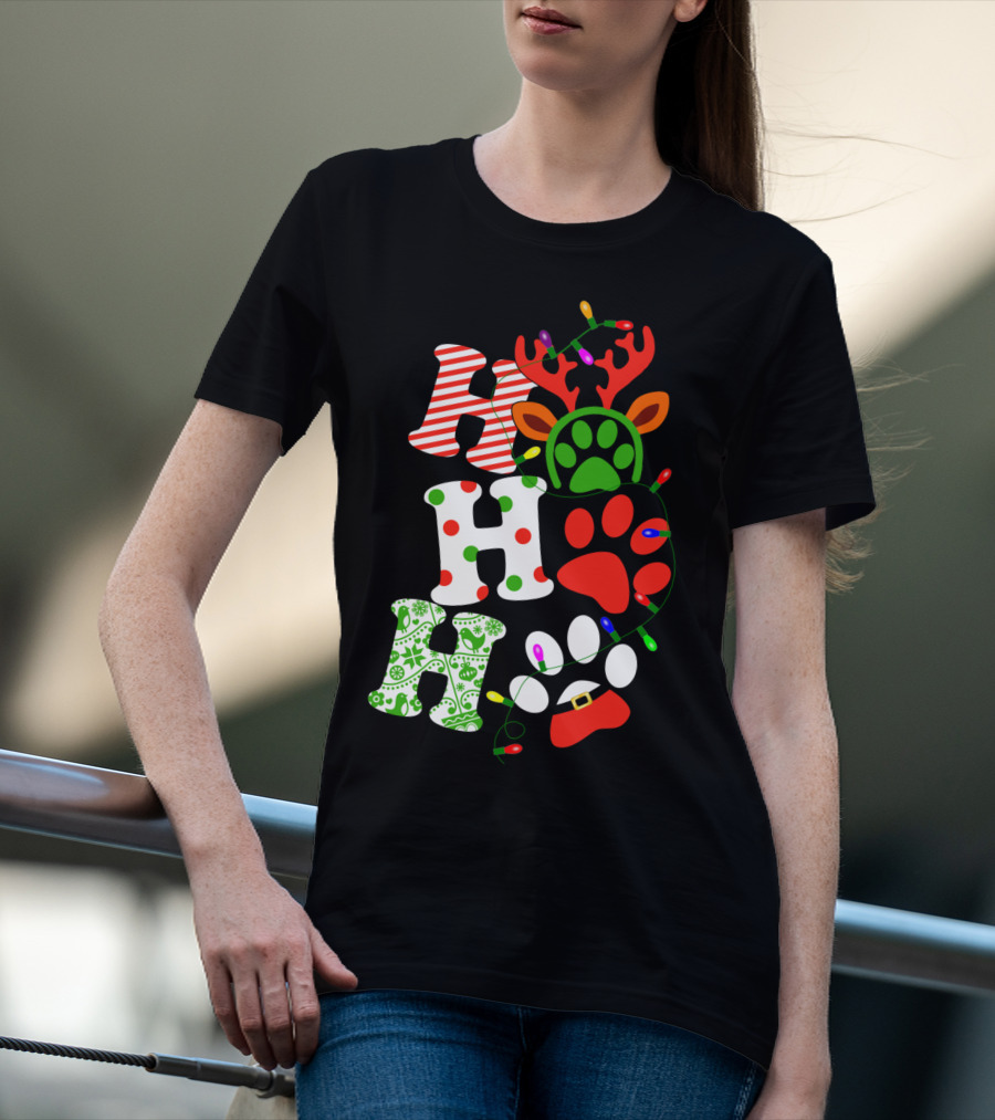 Ho Ho Ho Christmas Dog Paw Santa Lights Reindeer Antlers T-Shirt