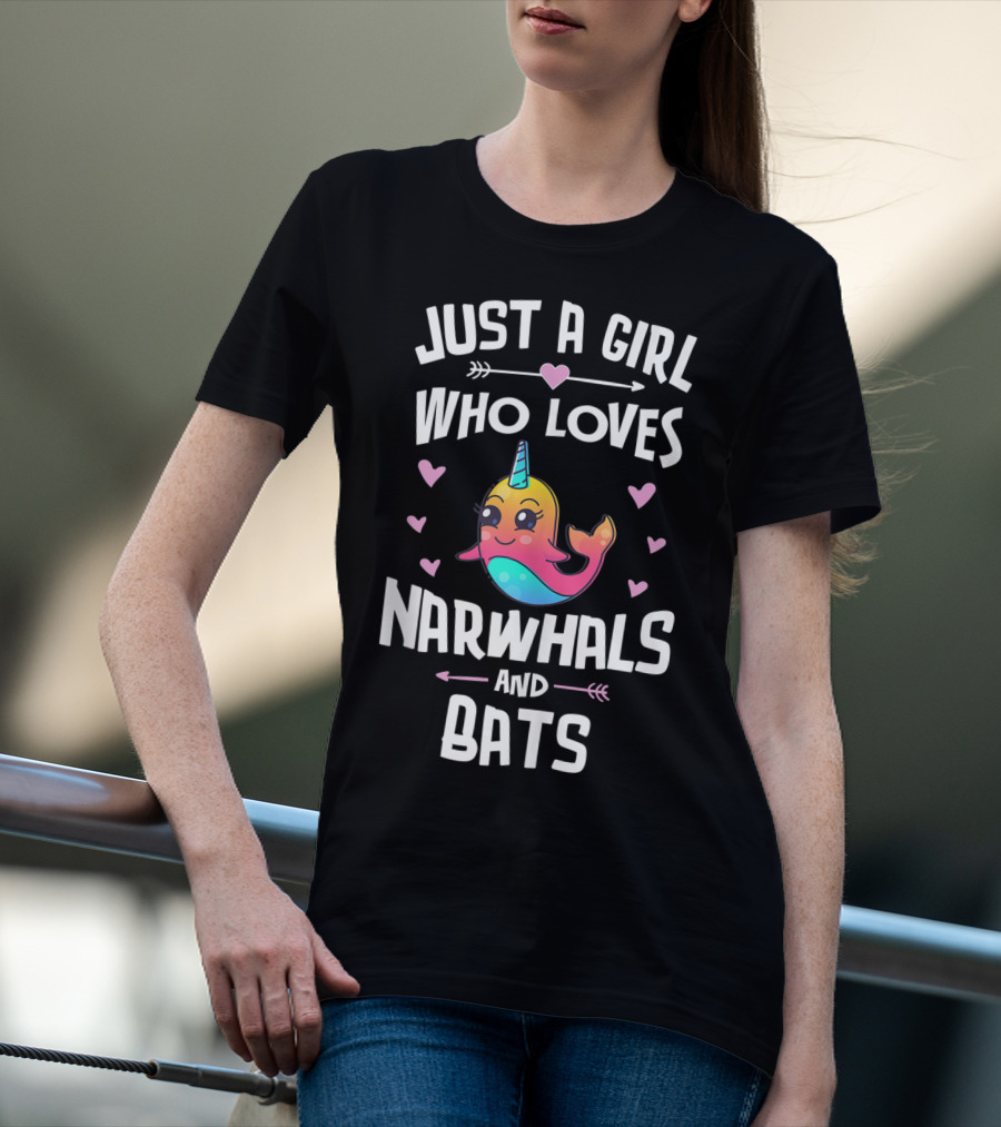 Just A Girl Who Loves Narwhals And Bats Cute Rainbow T-Shirt