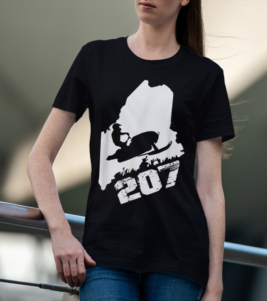 Maine 207 Snowmobile Silhouette In State Outline T-Shirt