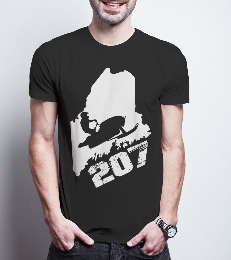 Maine 207 Snowmobile Silhouette In State Outline T-Shirt