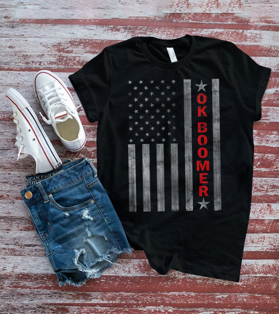 Ok Boomer Vertical Red Text On Distressed American Flag T-Shirt