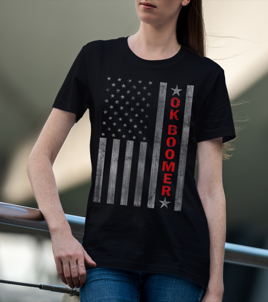 Ok Boomer Vertical Red Text On Distressed American Flag T-Shirt
