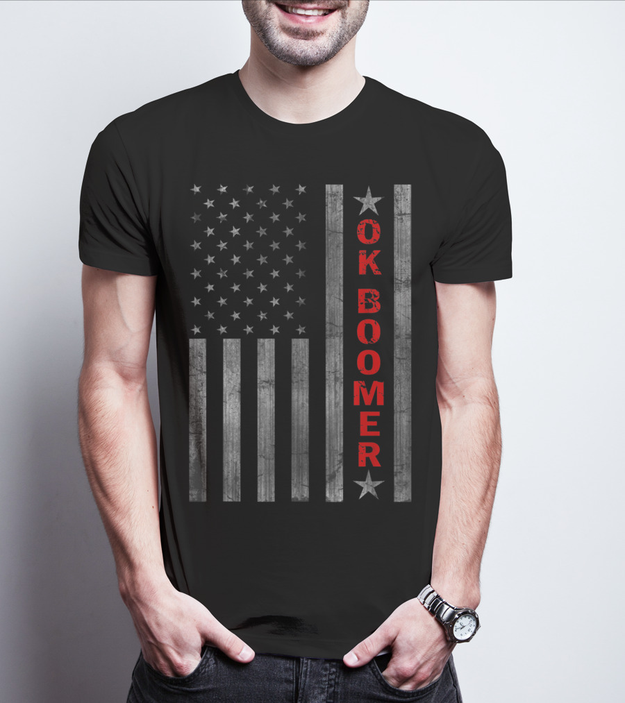 Ok Boomer Vertical Red Text On Distressed American Flag T-Shirt