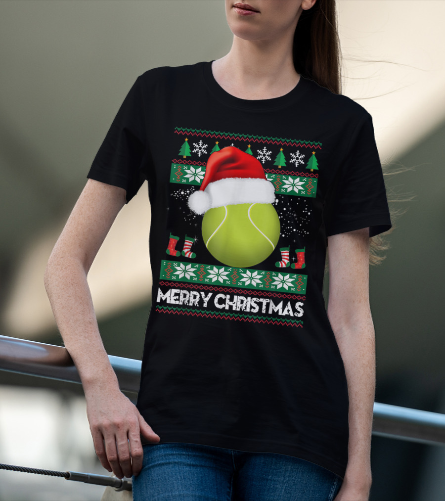 Merry Christmas Santa Hat Tennis Baum Pullover Snowflakes T-Shirt