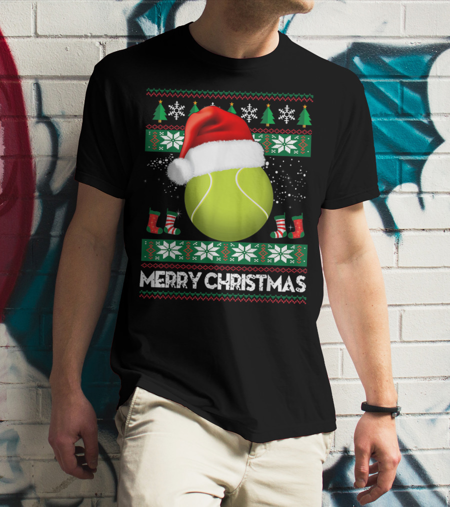 Merry Christmas Santa Hat Tennis Baum Pullover Snowflakes T-Shirt