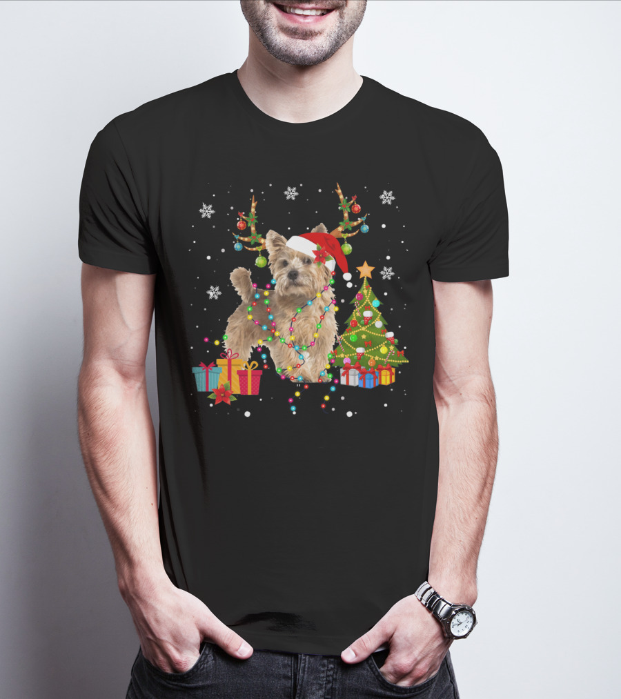 Norwich Terrier Christmas Lights Santa Hat Tree Presents Snowflakes T-Shirt