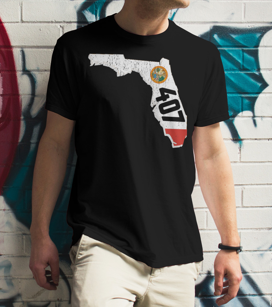 Florida Map Outline With State Seal And 407 Area Code T-Shirt