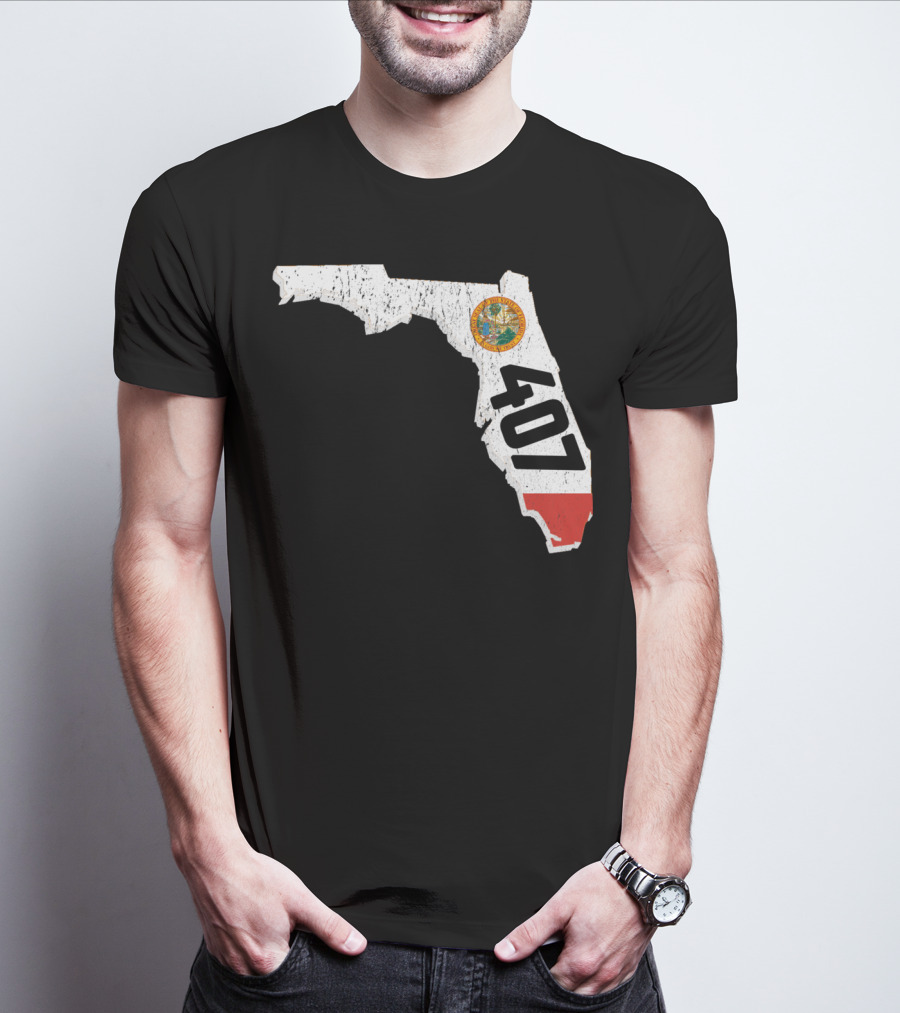 Florida Map Outline With State Seal And 407 Area Code T-Shirt