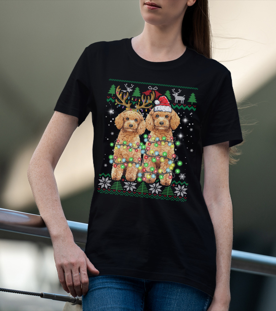 Poodle Dog Ugly Christmas Reindeer Hat Lights Puppy Funny Dog T-Shirt