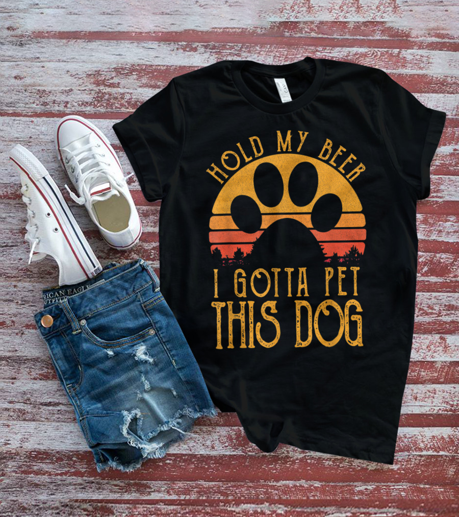 Hold My Beer I Gotta Pet This Dog Retro Vintage Paw Print Sunset T-Shirt