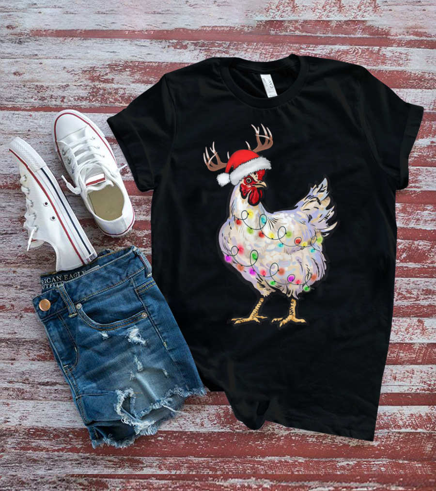 Santa Chicken Reindeer With Christmas Lights And Antlers T-Shirt