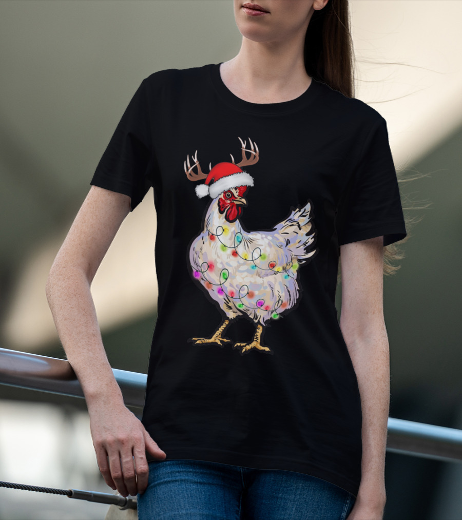 Santa Chicken Reindeer With Christmas Lights And Antlers T-Shirt