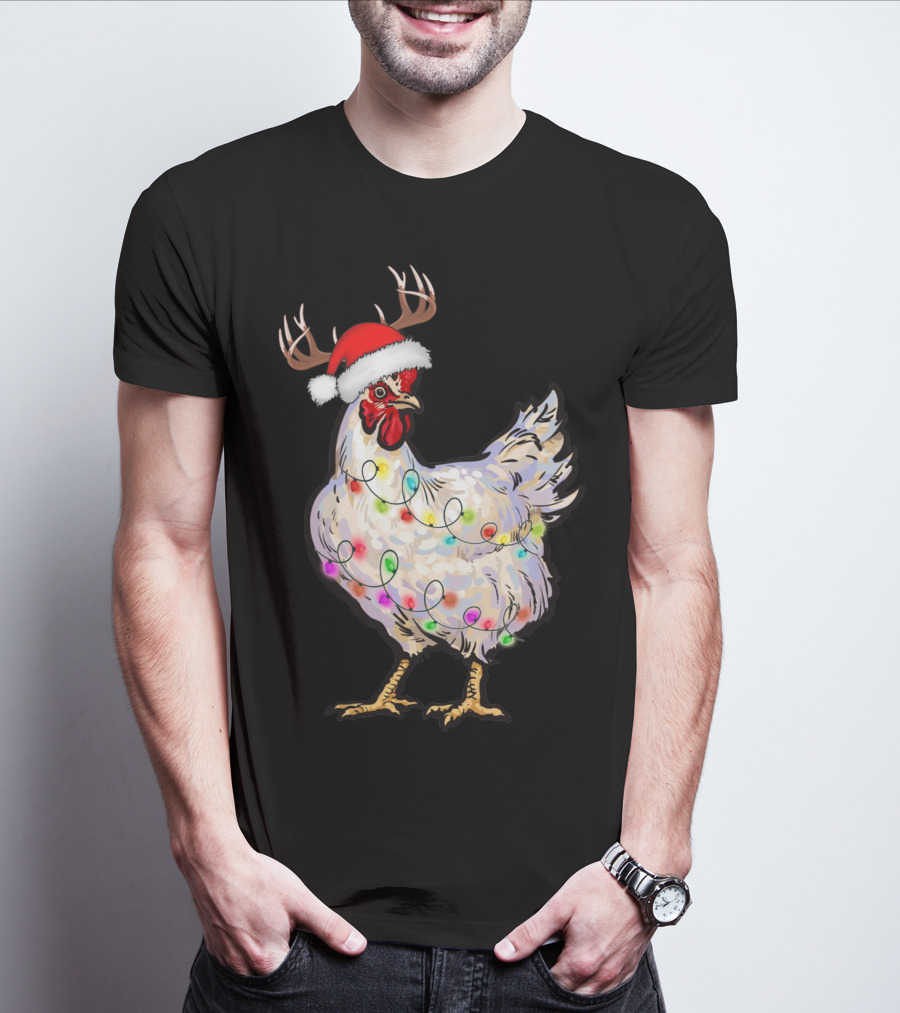 Santa Chicken Reindeer With Christmas Lights And Antlers T-Shirt