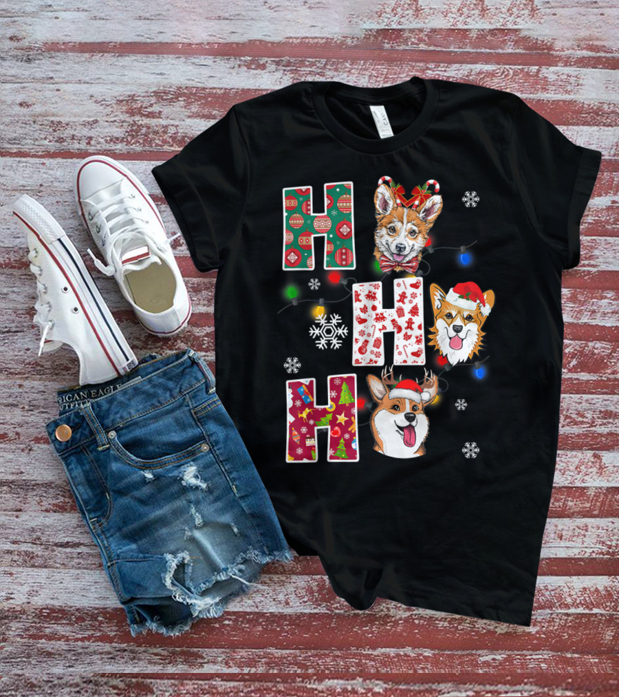 Ho Ho Ho Santa Corgi Christmas Lights Snowflakes T-Shirt