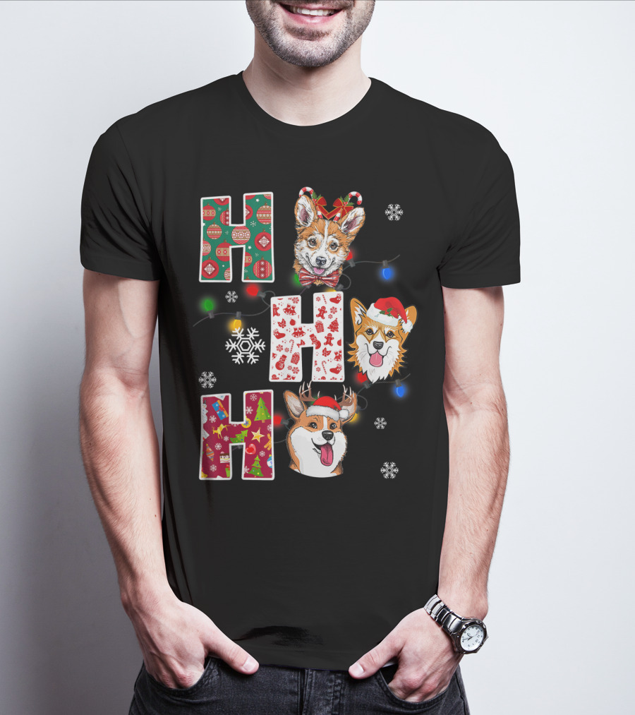 Ho Ho Ho Santa Corgi Christmas Lights Snowflakes T-Shirt