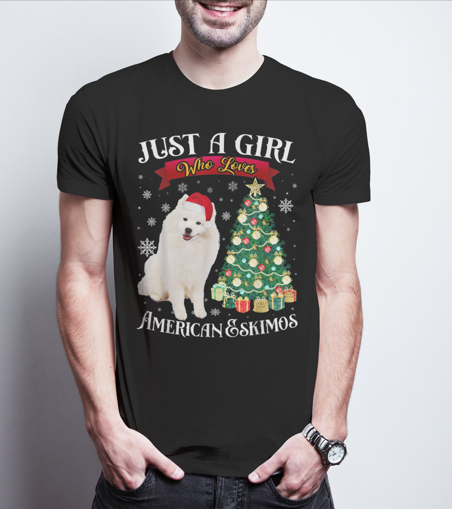 Just A Girl Who Loves American Eskimos Santa Hat Christmas Tree T-Shirt