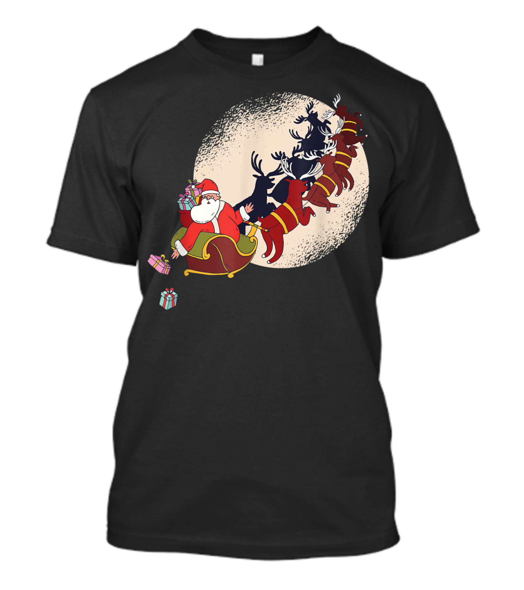 Santa Claus Flying With Reindeers Silhouette Under Full Moon Carrying Gift Sack T-Shirt