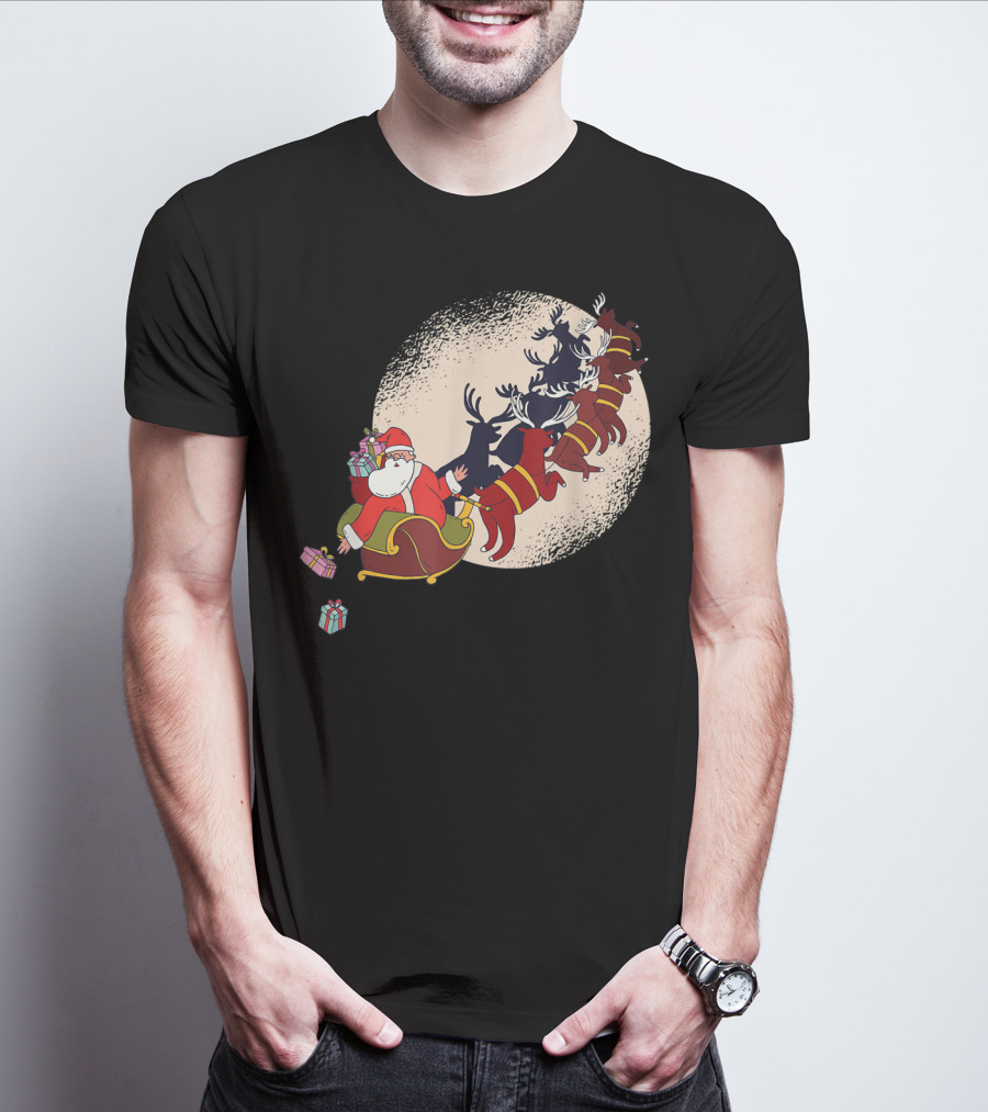 Santa Claus Flying With Reindeers Silhouette Under Full Moon Carrying Gift Sack T-Shirt