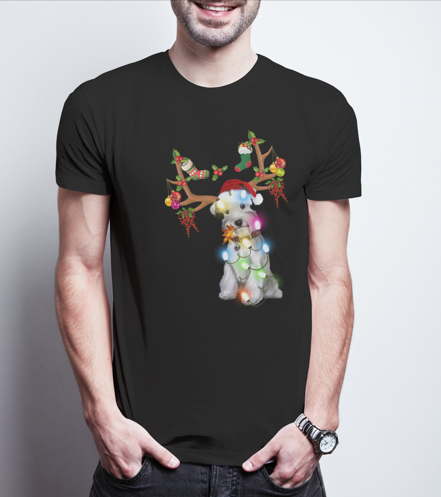 Santa Schnauzer Christmas Lights Reindeer Antlers Holiday Lover T-Shirt