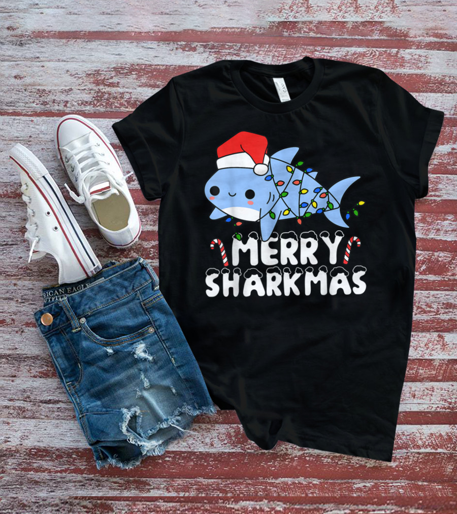 Merry Sharkmas Santa Shark Christmas Lights Boys T-Shirt