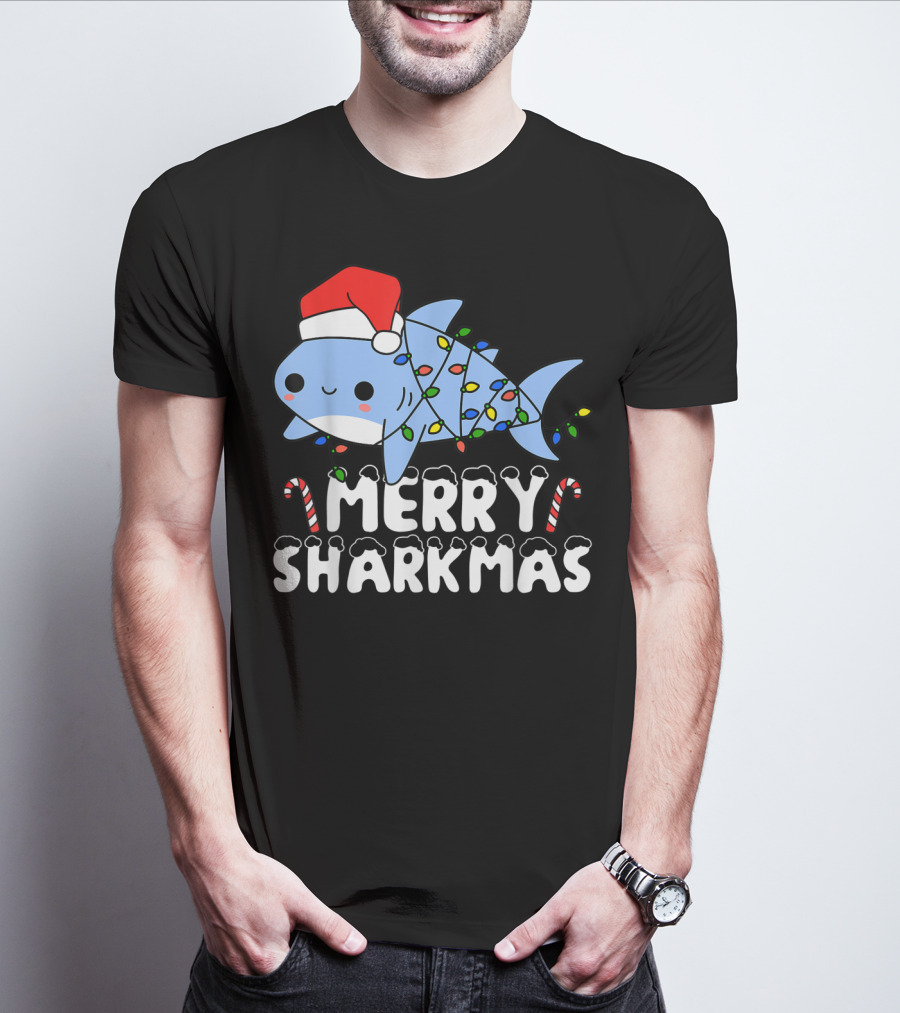 Merry Sharkmas Santa Shark Christmas Lights Boys T-Shirt