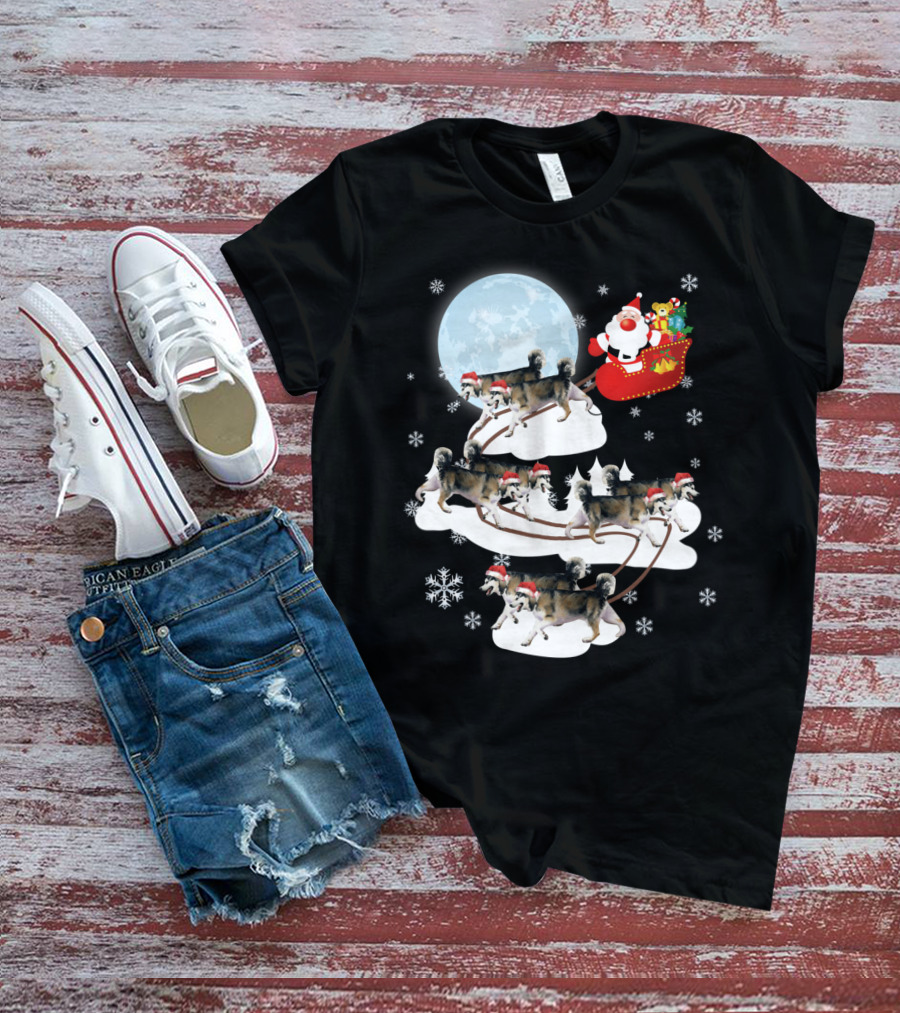 Santa Sleigh Alaskan Malamute Christmas Dog Moon Snowflakes T-Shirt