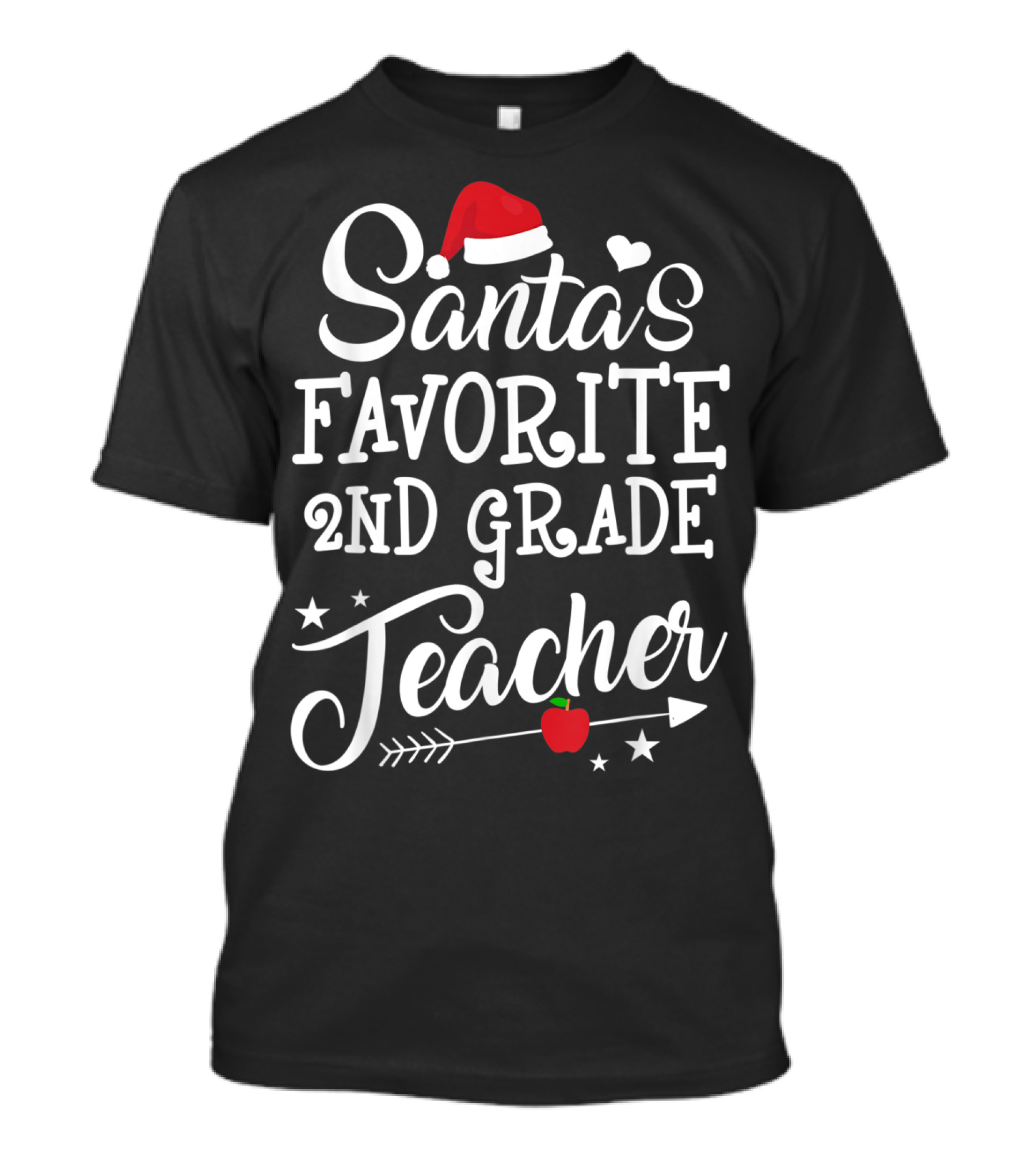 Santa's Favorite 2nd Grade Teacher With Santa Hat Heart Stars Arrow Apple T-Shirt
