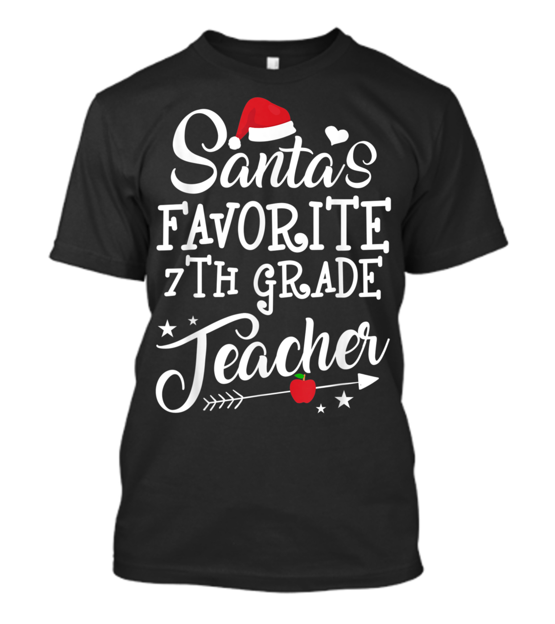 Santa's Favorite 7th Grade Teacher Christmas Apple Arrow Hat Stars T-Shirt