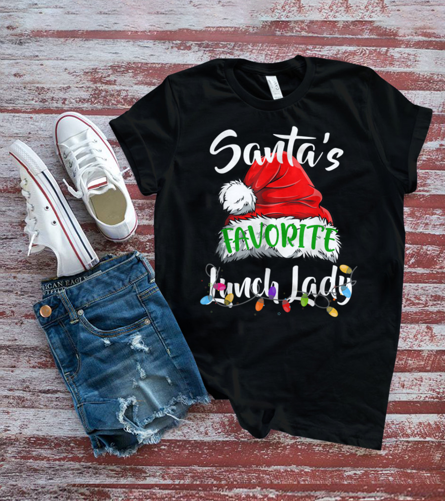 Santa's Favorite Lunch Lady Santa Hat Christmas Lights T-Shirt